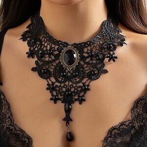 Goth Collar Choker Necklace Statement Piece Black Lace with Rhinestones